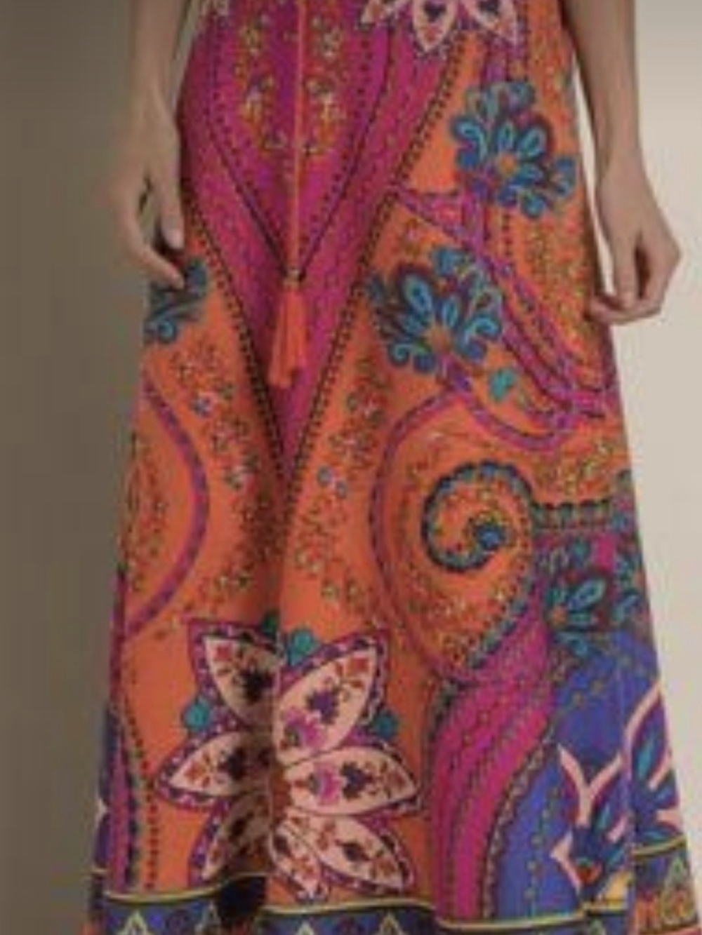 Cupio Vibrant Orange Maxi Skirt with Pink and Blue Paisley